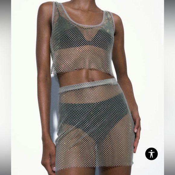 Mini mesh gray metallic skirt with rhinestones - Picture 1 of 8